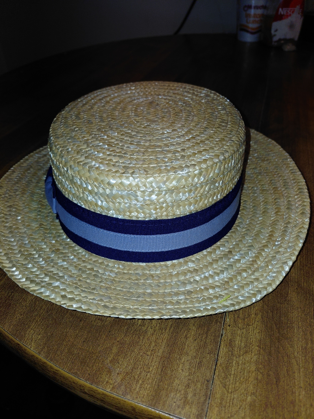 ZAKIRA Straw Boater Hat with Navy and Light Gray Band